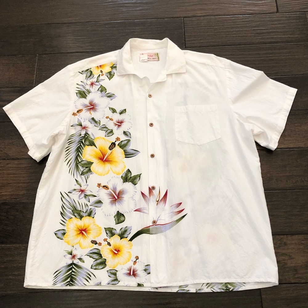 Orchid Hawaiian Shirts Mens XL White Vertical Border Hibiscus Birds Of Paradise